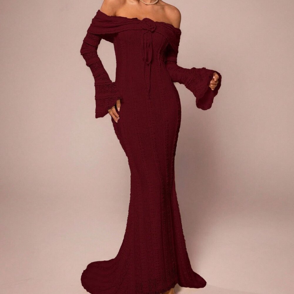 Burgundy Elegant Women's Off-Shoulder Maxi Dress - Picture 1 of 8